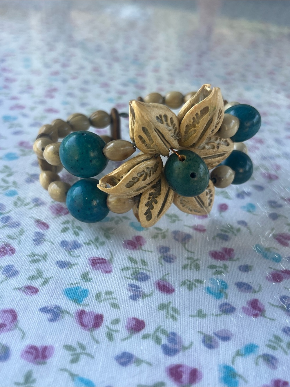 Boho Tropical Flower Cuff Bracelet. Wired  w/ Natural Seeds Nuts and Wood
